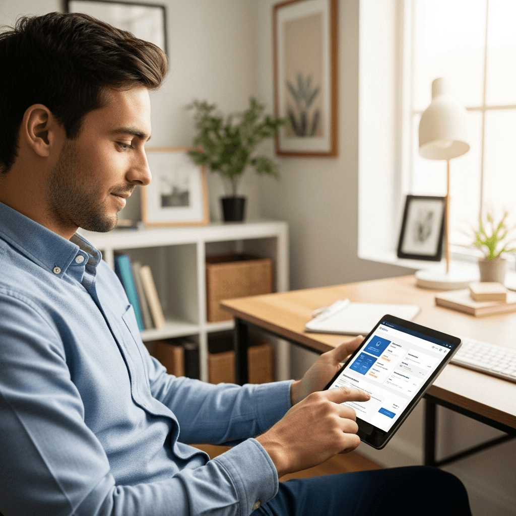 Person using laptop and smartphone to navigate digital benefits platform with clear dashboard interface showing coverage options